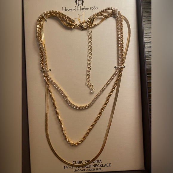 NEW House of Harlow 1960 gold triple chain layered necklace - Picture 2 of 6